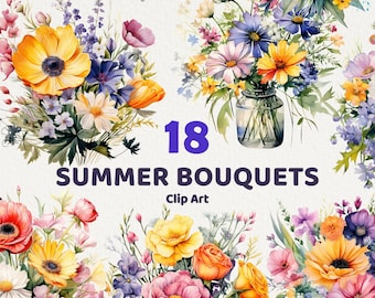Watercolor Summer Bouquet Clipart, floral decoration for Commercial Use, 18 transparent PNGs with instant download