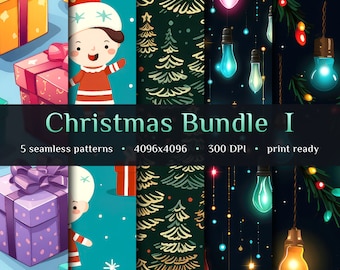 Christmas seamless patterns • Holidays wrapping paper art • Commercial use • Christmas lights • Santa's elves • 300 DPI • Sublimation art