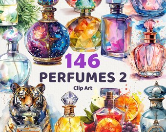 146 Perfumes Clipart, Watercolor perfume PNG art for commercial use, Cologne, Fragrances, Vintage perfume, No license, Transparent PNG