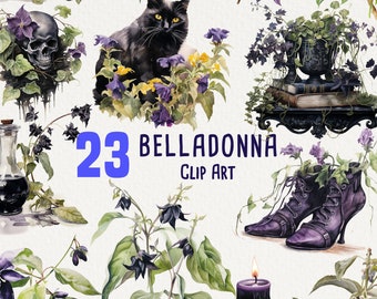 23 Belladonna Clipart, Watercolor deadly nightshade art for commercial use, Atropa, Solanaceae, Poisonous, Goth, No license, Scrapbooking