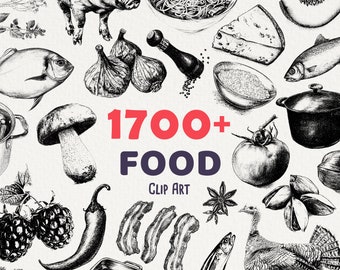 1700+ Food Drawings Clipart, Food graphics for commercial use, Cookbook art, Foodie, Vegetables, Meats, Spices, No license, 15 Free Samples