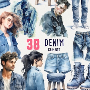 May include: A set of 38 watercolour illustrations featuring denim clothing and accessories. The illustrations include jeans, jackets, shirts, shorts, and boots. The illustrations are in a variety of shades of blue, with some featuring white accents. The illustrations are perfect for use in digital scrapbooking, card making, and other creative projects.