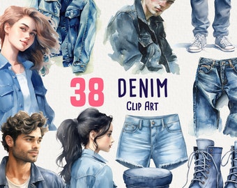 38 Denim Clipart, Aquarell Denim Kunst für kommerzielle Nutzung, Jeans, Jacken, Denim Mode, Blue Jeans, Heavy Denim, Keine Lizenz, Scrapbooking