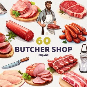 Butcher Shop Clipart, 60 transparente PNG für kommerzielle Nutzung, Instant Download und hochauflösende Bilder von rohem Fleisch und geräuchertem Fleisch