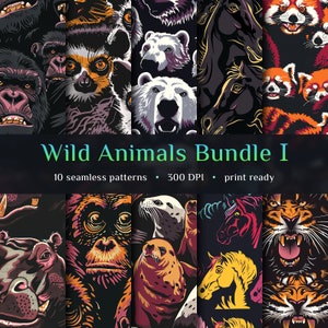 10 patrones sin costuras de animales salvajes, Vida Silvestre, Chimpancés, Hipopótamos, Tigres, Mustangs, Leones marinos, Uso comercial, Estampados de animales, Arte de sublimación