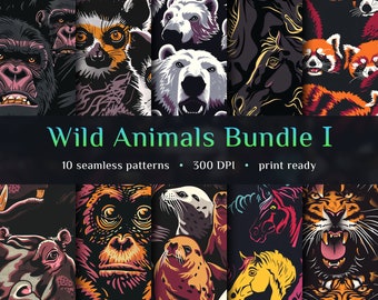 10 Wild animals seamless patterns, Wildlife, Chimps, Hippos, Tigers, Mustangs, Sea lions, Commercial use, Animal prints, Sublimation art