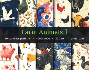 20 Farm Animals seamless patterns, Chickens, Ducks, Geese, Cows, Goats, Commercial use art, Textile art prints, Sublimation pattern