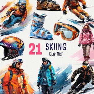 Puede incluir: Un conjunto de 21 imágenes de clip art coloridas que representan esquiadores, equipo de esquí y paisajes de invierno. Las imágenes incluyen esquiadores en varias poses, botas de esquí, gafas, cascos y un paisaje de montaña nevado. El texto "21 Skiing Clip Art" se muestra en el centro de la imagen.