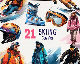 21 Skiing Clipart, Skiers and ski gear images for commercial use, Goggles, Helmet, Ski Boots, No license instant download, Print on demand