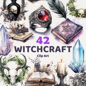 42 Watercolor Wicca Essentials Clipart, Witchcraft kit for commercial use, Ephemera clip art with instant download, Junk Journal paper