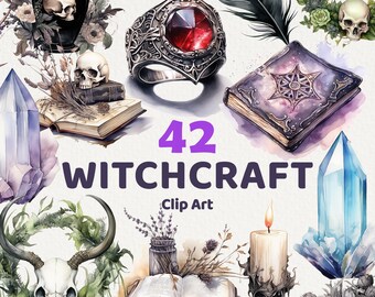42 Watercolor Wicca Essentials Clipart, Witchcraft kit for commercial use, Ephemera clip art with instant download, Junk Journal paper