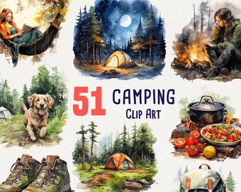 51 Watercolor Camping Clipart, Nature camping images for commercial use, clip art with instant download, print on demand, no license