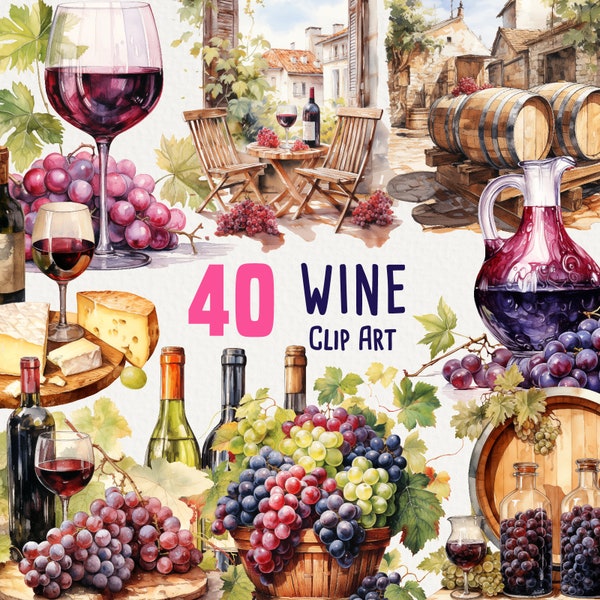 40 Wine Clipart, Watercolor Wine bottles PNG art for commercial use, Grapes, Red wine, Alcohol, French wine, No license, Transparent PNG