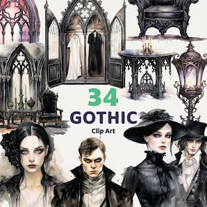 34 Clipart gotiche ad acquerello, Immagini di ragazze gotiche per uso commerciale, Clip art ad acquerello con download immediato, Scrapbooking