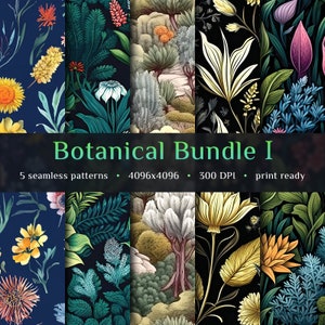 Peut inclure: Un ensemble de cinq motifs botaniques sans couture présentant diverses fleurs, feuilles et plantes sur un fond sombre. Les motifs mesurent 4096x4096 pixels et 300 DPI, ce qui les rend prêts à l'impression.