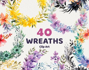 40 Watercolor Wreaths Clipart, floral decoration for Commercial Use, wedding invitation clip art, floral paper decoration