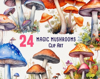 24 Magic Mushrooms Clipart, Watercolor mushroom art for commercial use, Amanita, Shrooms, Psychedelic, No license, Ephemera