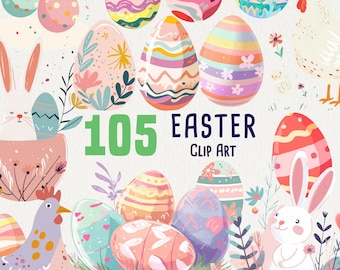 105 Easter Clipart, Pastel Easter art for commercial use, Happy Easter, Easter Bunny, Egg Basket, Painted Eggs, Easter Invitations