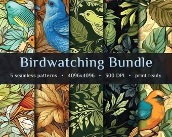 Birdwatching Seamless Pattern Bundle • Bird Digital Paper • JPG Digital Download • 4096 x 4096 • 300 DPI • Repeatable Pattern