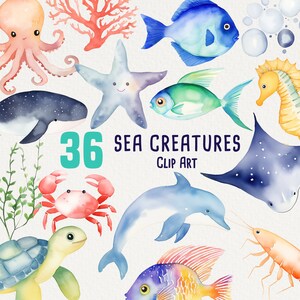 Puede incluir: Un conjunto de 36 ilustraciones de acuarela de criaturas marinas, que incluyen una estrella de mar, un pulpo, una ballena, un cangrejo, una tortuga, un delfín, un pez, un caballito de mar y una manta raya. Las ilustraciones están en una variedad de colores, incluyendo azul, verde, rojo, naranja y amarillo.