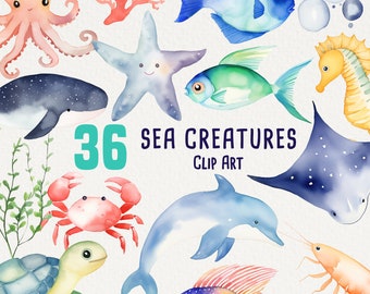 36 Cute Sea Creatures Clipart, Watercolor nursery PNGs for commercial use, Dolphins, Whales, Corals, Starfish, No license, Transparent PNG