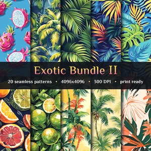 20 Exotische nahtlose Muster, Zitrusfrüchte, Palmen, exotische Blätter, Drachenfrucht, Limetten, kommerzielle Nutzung, exotische Drucke, Sublimationskunst