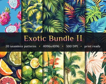 20 Exotic seamless patterns, Citrus fruits, Palm trees, Exotic leaves, Dragon fruit, Limes, Commercial use, Exotic prints, Sublimation art