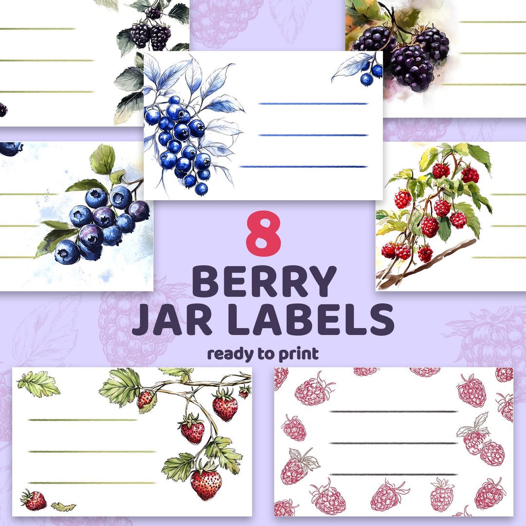 8 Berries Printable Labels, Jam Jar Labels, Glass Jar Label Design