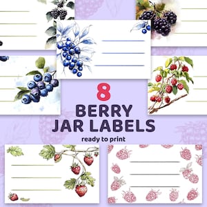 8 Berries printable labels, Jam jar labels, Glass jar label design, Container labels, Instant download, Four file types: jpg, png, svg, pdf