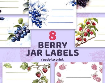 8 Berries printable labels, Jam jar labels, Glass jar label design, Container labels, Instant download, Four file types: jpg, png, svg, pdf