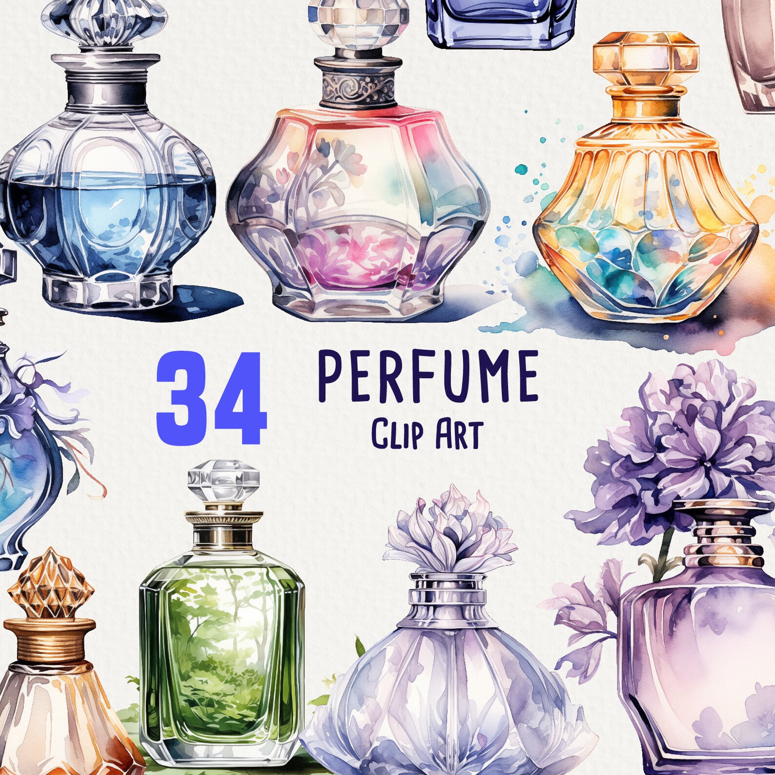 34 Perfume Bottles Clipart, Watercolor Art for Commercial Use, Cologne ...