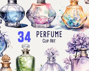 34 Perfume Bottles Clipart, Watercolor art for commercial use, Cologne, Watercolor perfume, Floral, No license, Scrapbooking