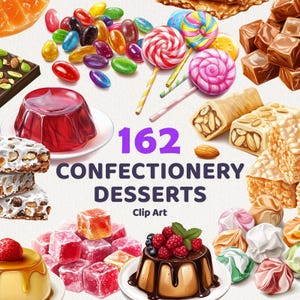 May include: A collection of 162 confectionery desserts clip art images. The images include various sweets, candies, and treats, such as jelly beans, lollipops, chocolate bars, and pastries.