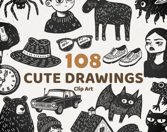 108 Cute Drawings, simple clipart for commercial use, Cute clip art, Ink drawings, Doodles, Black and white drawings, No license ink art