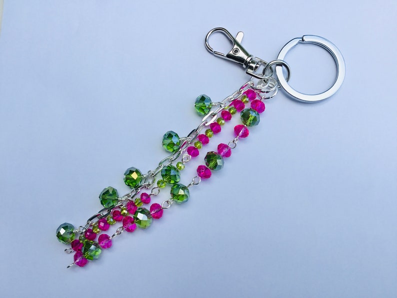 Fuchsia Pink and Bright Green Wire Wrapped Crystal Key Chain Purse Charm Key Ring Handmade