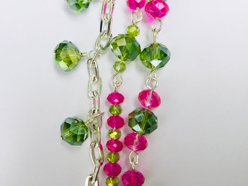 Fuchsia Pink and Bright Green Wire Wrapped Crystal Key Chain Purse Charm Key Ring Handmade