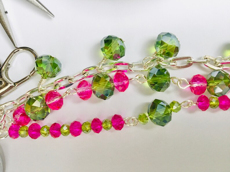Fuchsia Pink and Bright Green Wire Wrapped Crystal Key Chain Purse Charm Key Ring Handmade