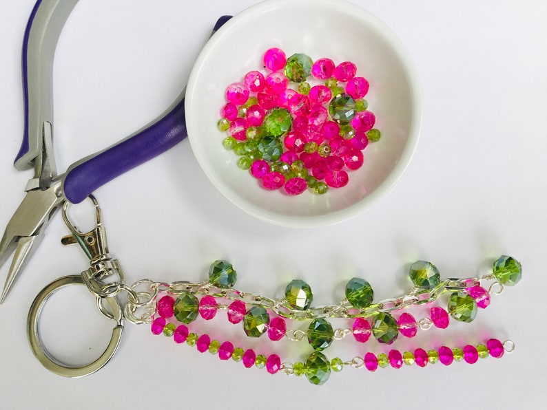 Fuchsia Pink and Bright Green Wire Wrapped Crystal Key Chain Purse Charm Key Ring Handmade