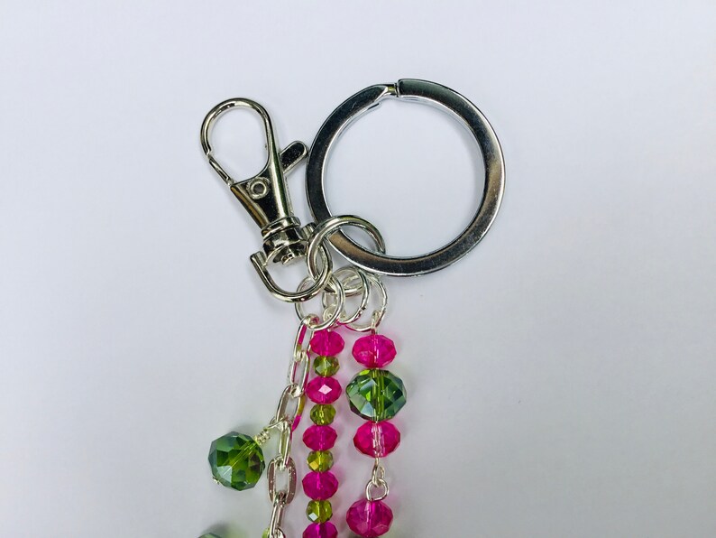 Fuchsia Pink and Bright Green Wire Wrapped Crystal Key Chain Purse Charm Key Ring Handmade
