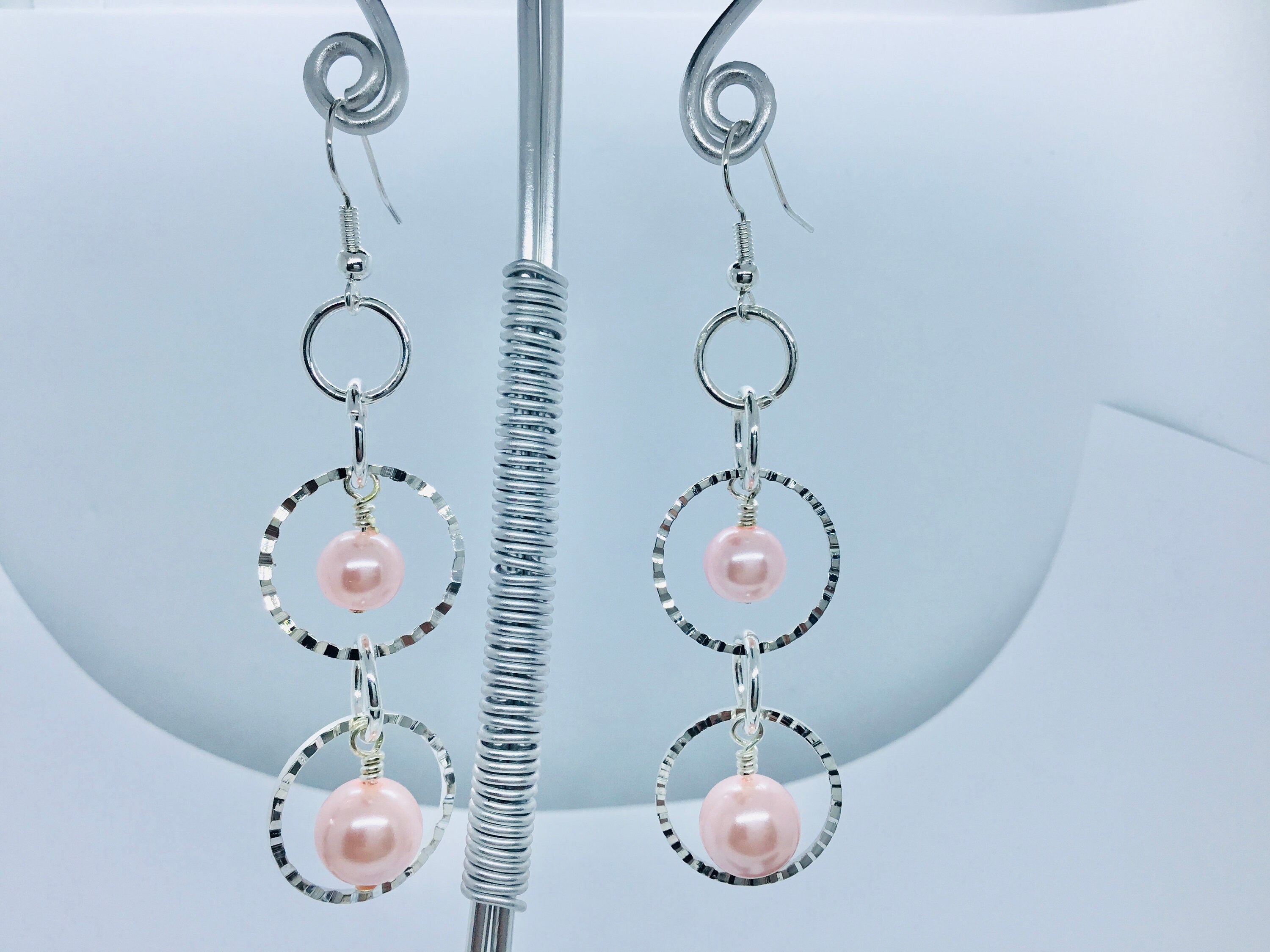 Silver Hoop Pink Pearl Dangle Earrings/ Woman's Fashion/ | Etsy