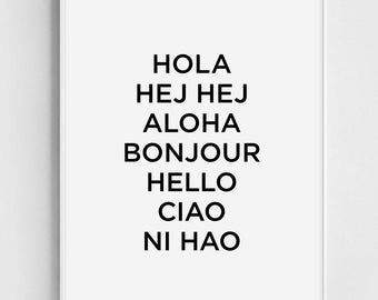 May include: A framed print with the words "Hola, Hej Hej, Aloha, Bonjour, Hello, Ciao, Ni Hao" in black font. The print is in a white frame and is displayed against a white wall.