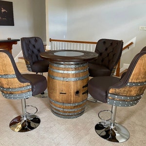 Whiskey barrel pub table and chairs new arrivals