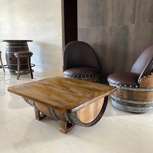 Wine Barrel Coffee Table - Solid Wood Top (Wine Barrel Table - Whiskey Barrel Table - Barrel Table - Bourbon Barrel Table)