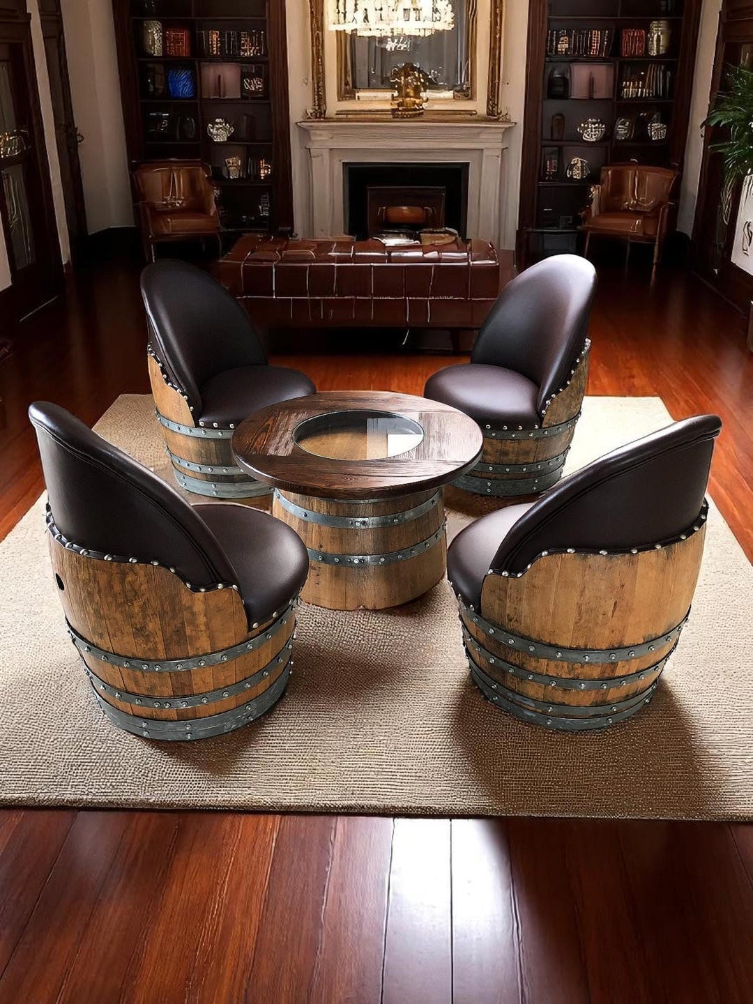Whiskey Barrel Coffee Table Set With 4 Chairs, Wine Barrel Living Room ...