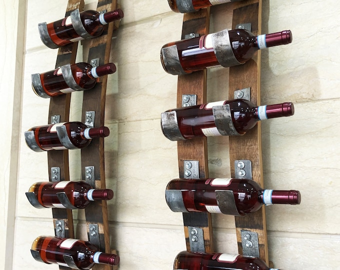 Whiskey Barrel Wine Rack, Wall-Mounted 5-Bottle Holder, Bourbon Barrel Stave Decor, Whiskey Lover Gift, Man Cave Decor, Handmade USA