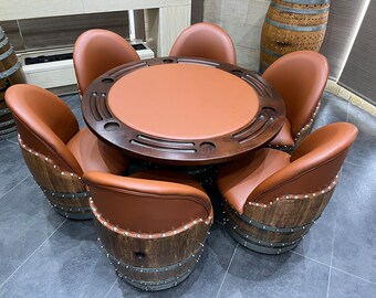 Rustic Brown Wine Barrel Poker Set With Removable Dining Top (Poker Table -Wine Barrel Table-Barrel Chair - Game Table - Dining Table)