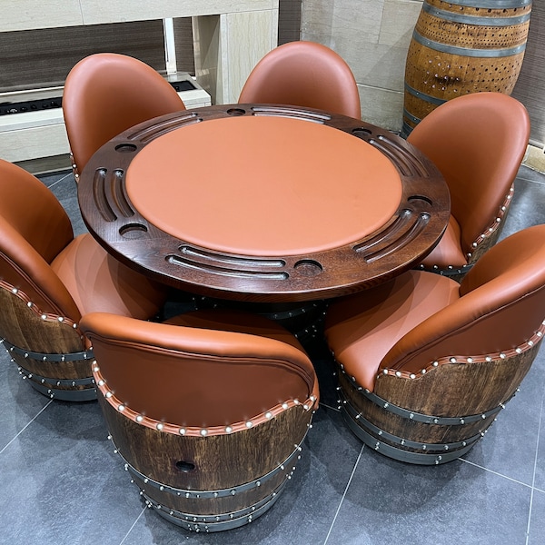 Rustic Brown Wine Barrel Poker Set With Removable Dining Top (Poker Table -Wine Barrel Table-Barrel Chair - Game Table - Dining Table)