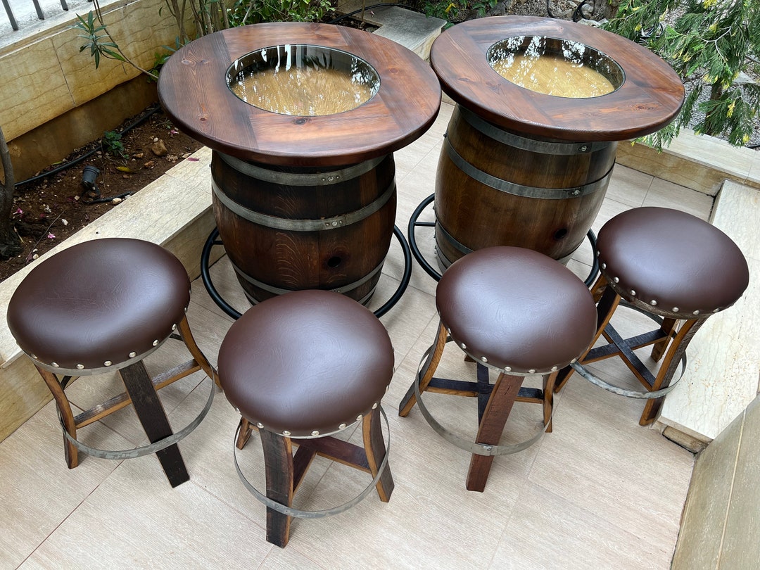 Double Oak Barrel Pub Table Set, Counter Height Wood Glass Top, Foot ...