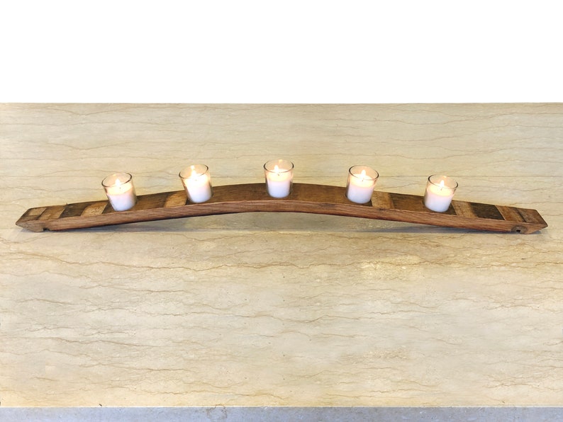 Wine & Whiskey Barrel Stave Candle Holder, Bourbon Oak Table Centerpiece with 5 Votives, Man Cave Decor Wedding Anniversary Gift image 2