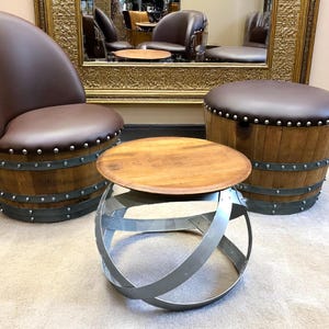 Handmade Wine & Whiskey Barrel Hoop Table: Rustic Oak Side Table